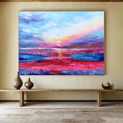 Hand-Painted Pink, Blue & Purple Sunset Sea Abstract Painting On Canvas HPS076