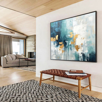 Acrylic Modern Art Paintings Teal, Gold & White Abstract Drip Art HPS204