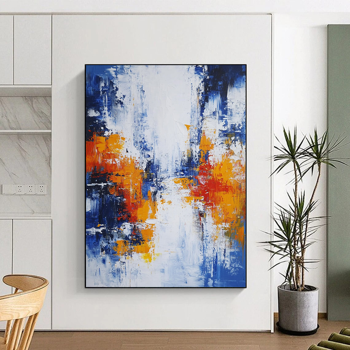 Original Large Abstract Paintings For Sale, Blue White Orange Red Abstract Expressionist Art PT132