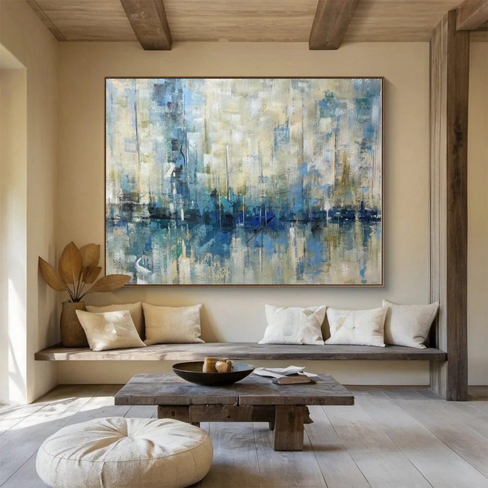 Handmade Art Blue & Beige Coastal Abstract On Canvas HPS057