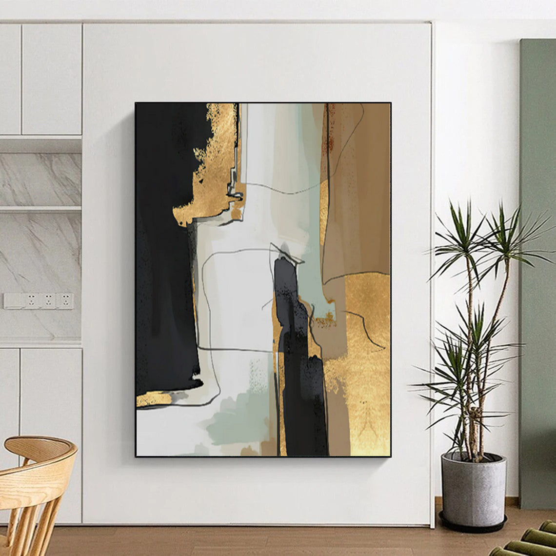 Oversized Abstract Wall Art Black, Gold & Gray Textured Abstract Painting On Canvas PT088