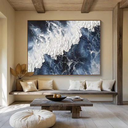 Unique Abstract Art Blue & White Dynamic Wave Acrylic Painting HPS225