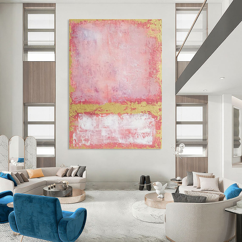 Hand-Painted Pink, Gold & White Abstract Color Block, Paintings For House DPS514
