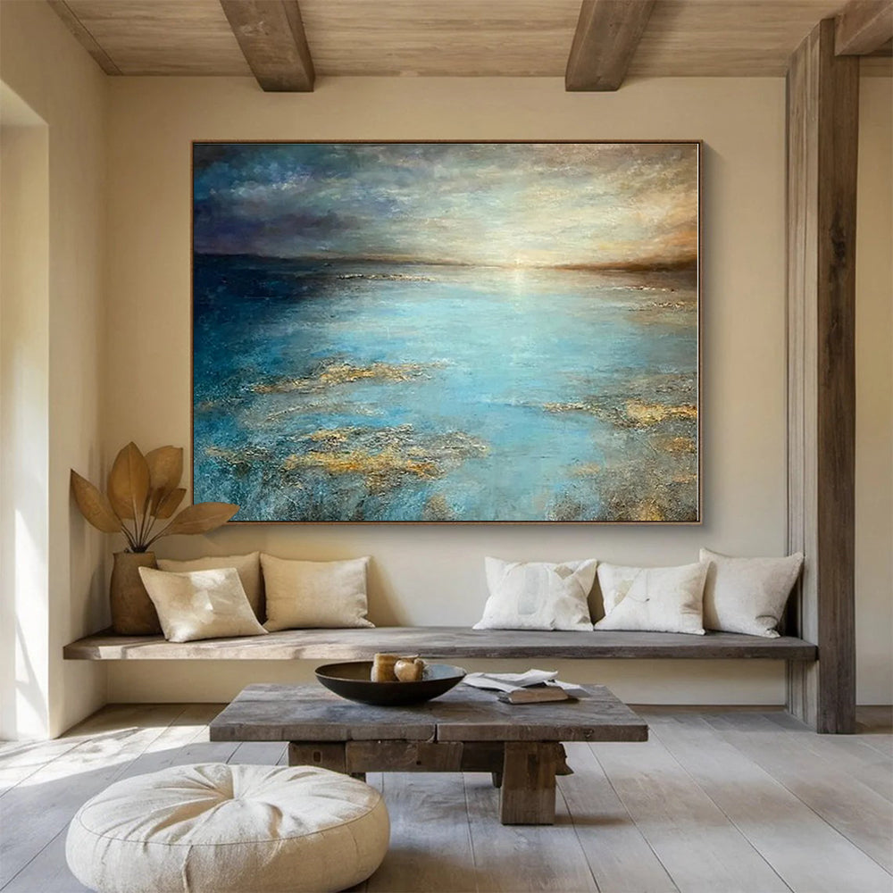 Hand Painted Art Blue & Gold Seascape Abstract Painting On Canvas HPS134