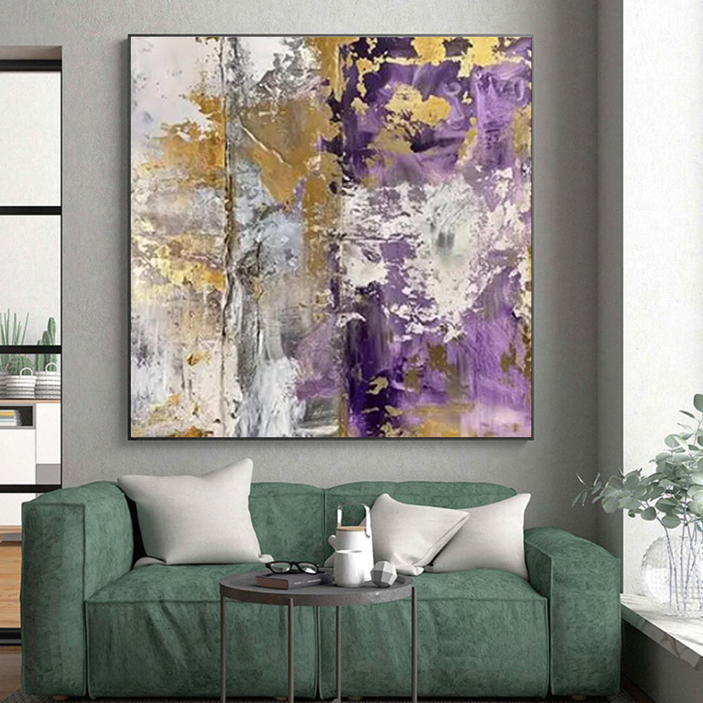 Unique Abstract Art - Purple, Gold & Gray Textured Abstract Art with Metallic Accents PT592