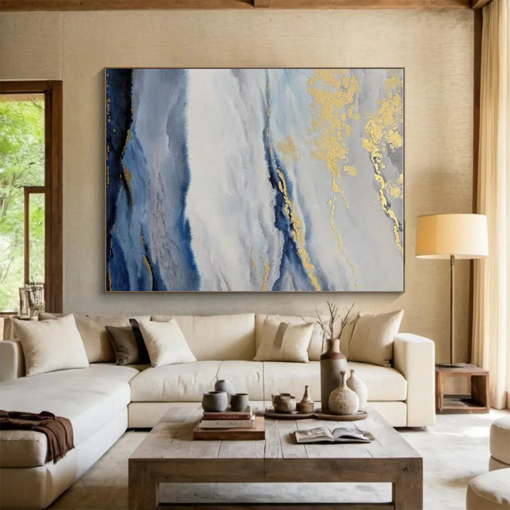 Large Size Blue Gray Gold Abstract Landscape Acrylic Art PT509