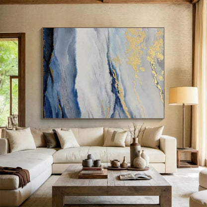 Large Size Blue Gray Gold Abstract Landscape Acrylic Art PT509