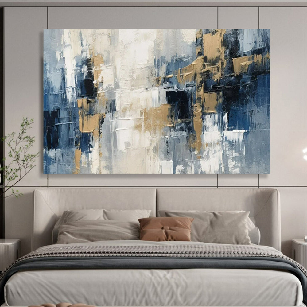 Large Painting In Living Room Blue, Gray, and Gold Textured Abstract Geometric Art HPS395