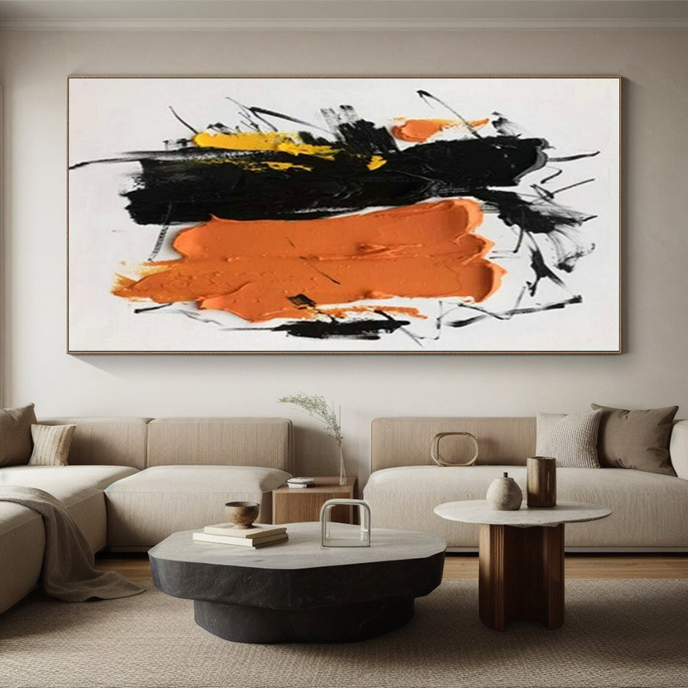 Unique Abstract Art Black, Orange and Yellow Dynamic Abstract Piece, Large Contemporary Wall Art PT522