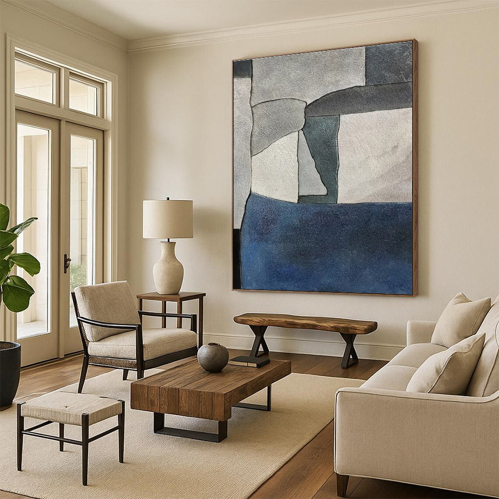 Large Size Gray Blue Geometric Abstract Acrylic Painting PT434