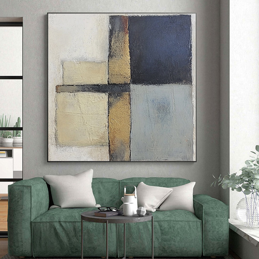 Custom Large Abstract Art For Living Room, Beige Blue Gold Abstract Geometric Art PT159