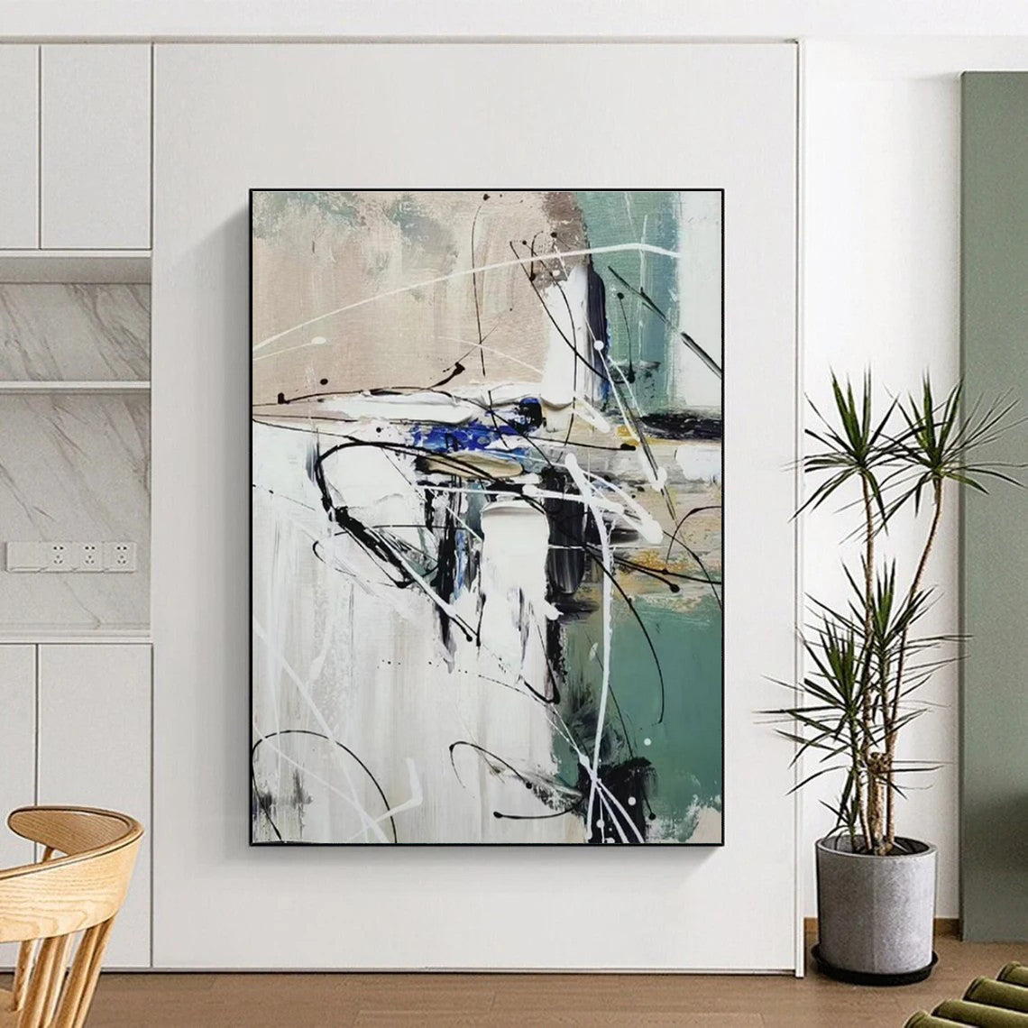 Hand Painting White, Black, Green, and Blue Dynamic Abstract Art PT801