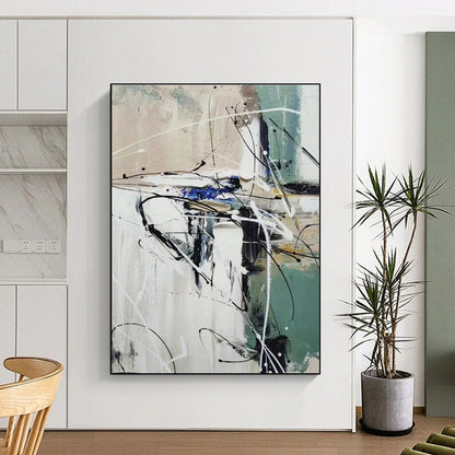 Hand Painting White, Black, Green, and Blue Dynamic Abstract Art PT801