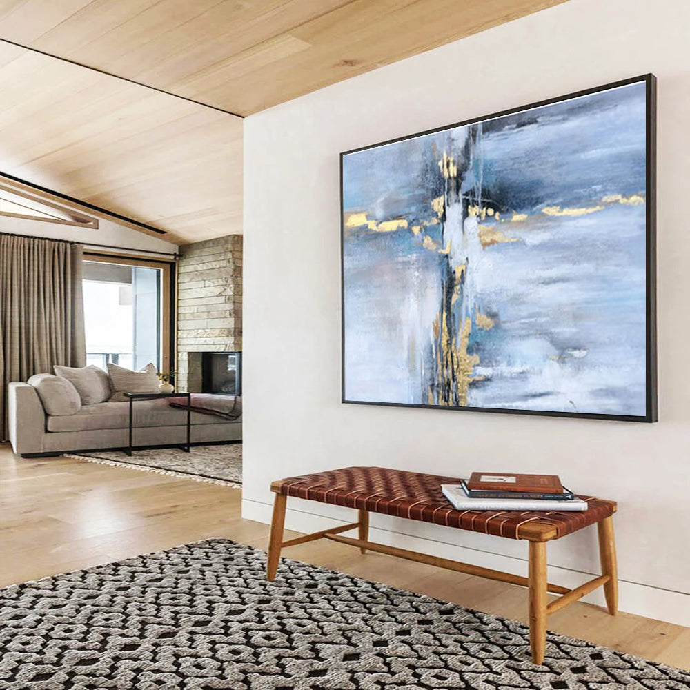 Cool Abstract Paintings Blue, Gray, and Gold Textured Abstract Art HPS378