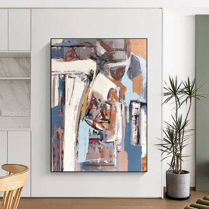 Unique Abstract Art with Blue, Gray, White, and Brown Geometric Abstract Shapes, Large Contemporary Wall Art PT215