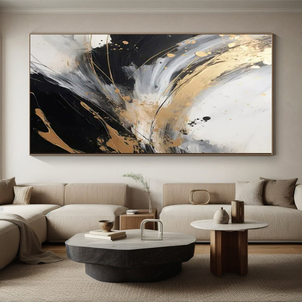 Cool Abstract Paintings - Black, White, Gray & Gold Dynamic Abstract Art with Flowing Lines PT594