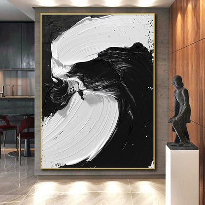Custom Large Abstract Art For Living Room With Black, White Fluid Brushstrokes On Canvas PT195