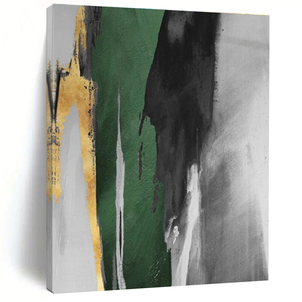 Hand-Painted Green, Black, Gold and Gray Abstract Dynamic Piece, Modern Art Acrylic PT536
