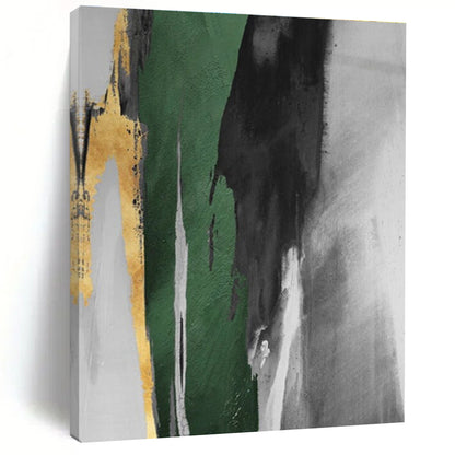 Hand-Painted Green, Black, Gold and Gray Abstract Dynamic Piece, Modern Art Acrylic PT536
