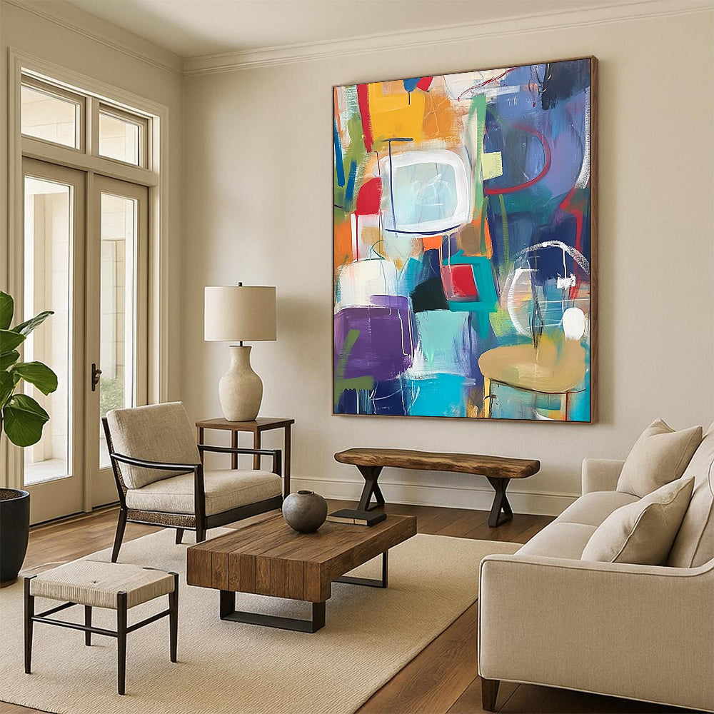 Original Large Abstract Paintings For Sale, Colorful Geometric Abstract Art PT152
