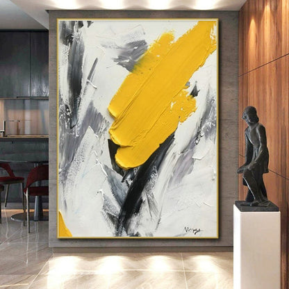 Hand-Painted Yellow and Gray Abstract Energetic Scene, Modern Art Acrylic PT524
