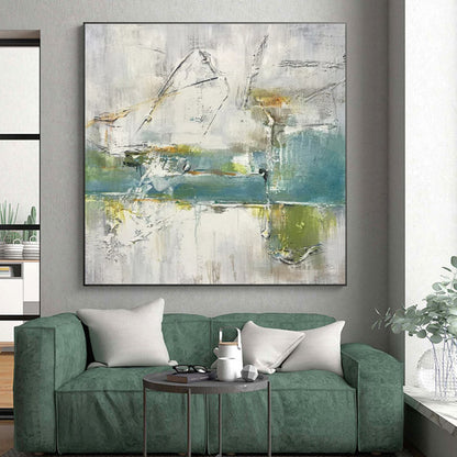 Textured Abstract Art - Gray, Blue, Green & White Textured Abstract Art with Dynamic Forms PT609