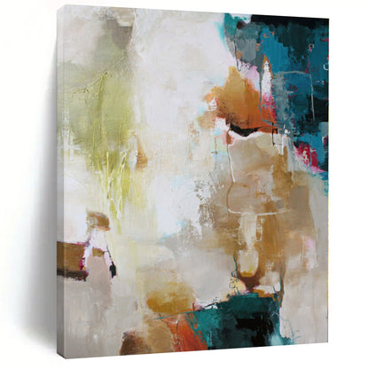 Hand Painting with Multicolor (Teal, Beige, Pink) Abstract Composition PT012