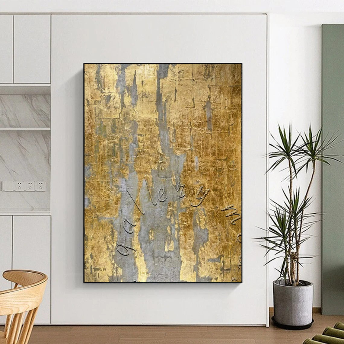 Luxury Abstract Art - Gold & Gray Textured Abstract Art with Embossed Letters PT606