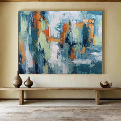 Modern Art Acrylic Teal, Orange & Green Urban Abstract Painting On Canvas HPS079