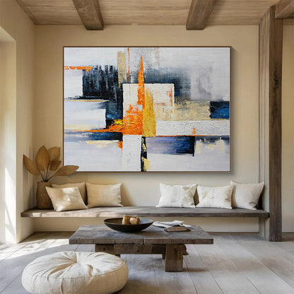 Hand Painted Art Orange, Blue, White & Yellow Geometric Abstract On Canvas HPS065