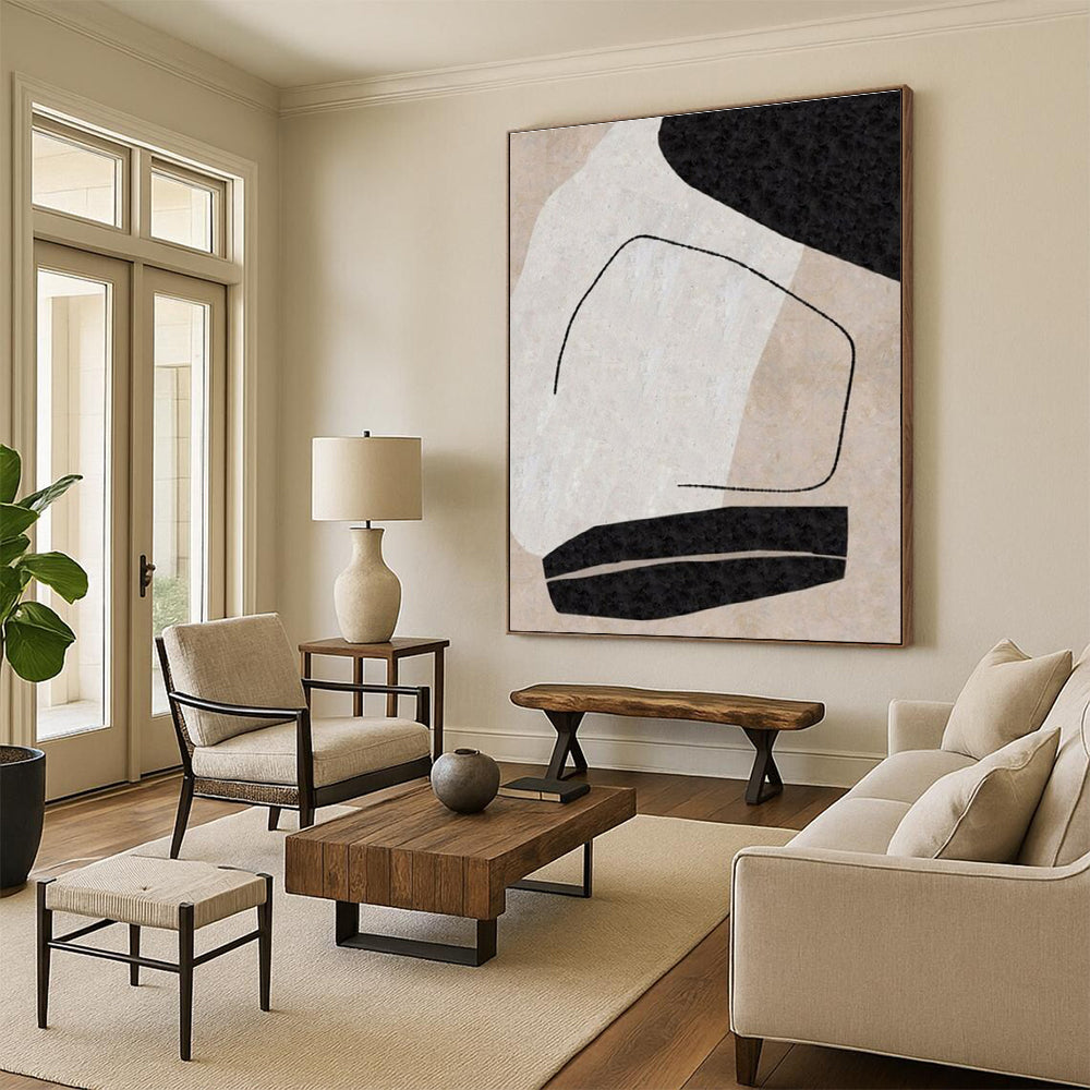 Handmade Art Black, Beige, and White Organic Abstract Art PT700