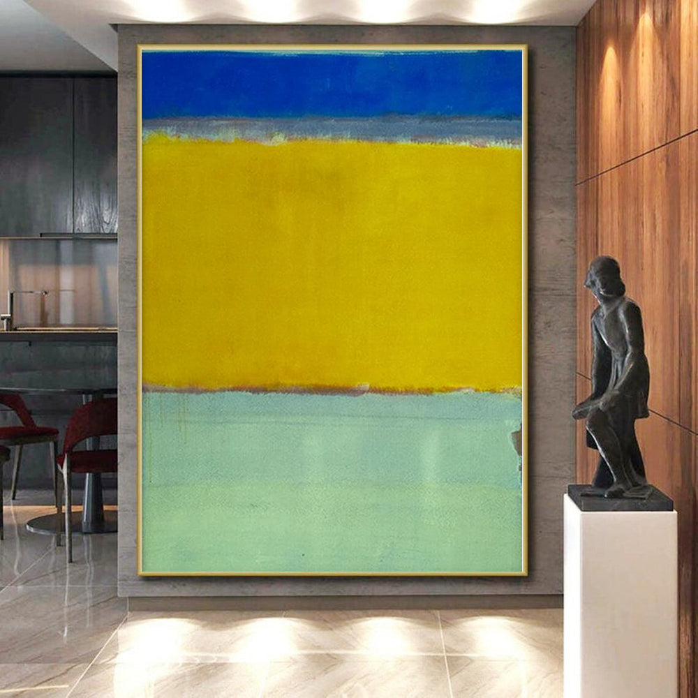 Hand Painted Art Blue, Yellow & Gray Color Field Abstract Painting On Canvas PT105