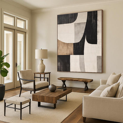 Unique Abstract Art Black, Beige, and Gray Geometric Abstract Art PT763