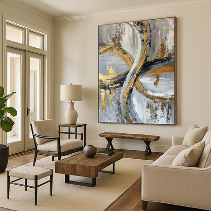 Unique Abstract Art Gold, Gray, and White Circular Abstract Art PT734