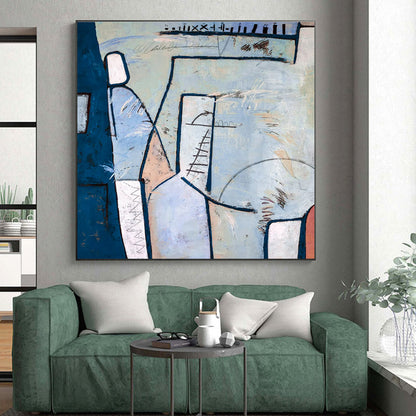 Handmade Art Blue and Beige Geometric Abstract Art PT827