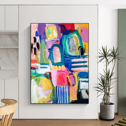 Unique Abstract Art with Vibrant Multicolored Shapes, Hand-Painted Acrylic Modern Art PT296