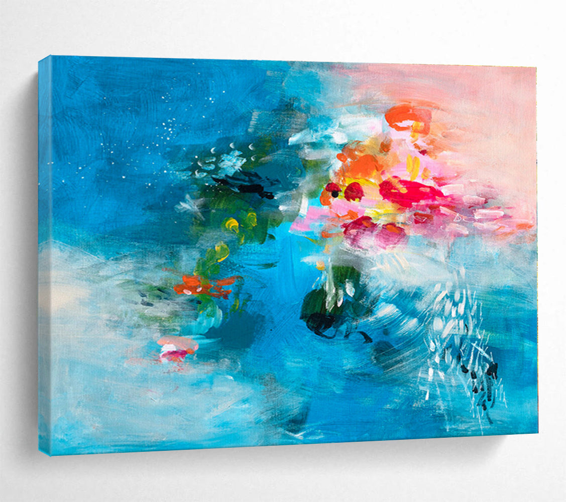 Hand Painted Art Vibrant Blue & Pink Floral Abstract On Canvas HPS021