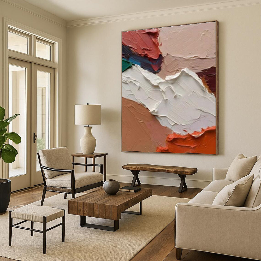 Acrylic Modern Art Paintings in Beige, White, Coral, and Brown Textural Abstract Shapes PT254