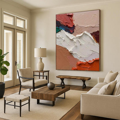 Acrylic Modern Art Paintings in Beige, White, Coral, and Brown Textural Abstract Shapes PT254