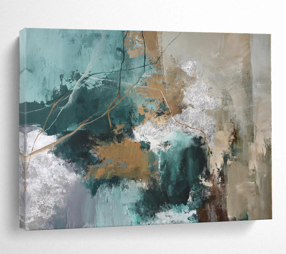 Cool Abstract Paintings Teal, Gold & Silver Textured Abstract Painting On Canvas HPS114
