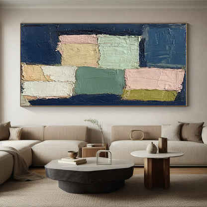 Handmade Art with Navy, Pink, Green, and Beige Textured Blocks, Paintings For House PT205
