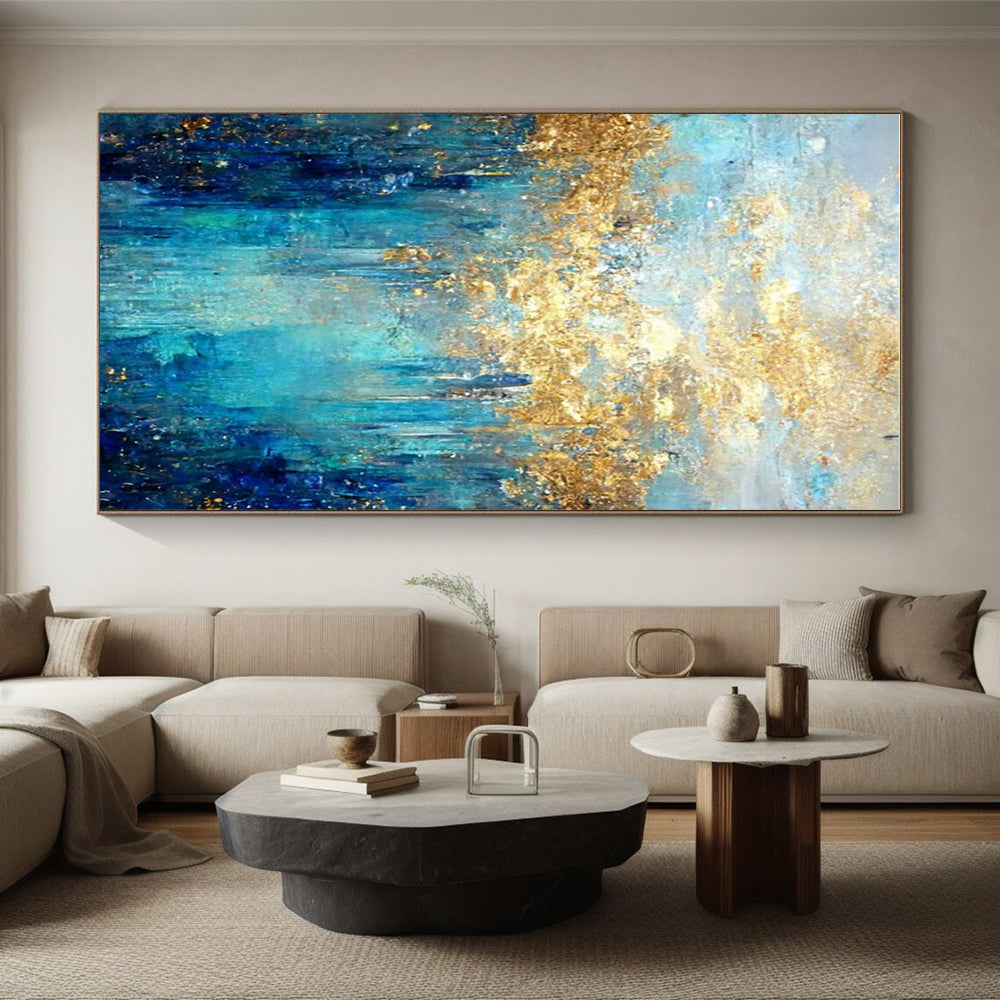 Oversized Abstract Wall Art Teal, Gold, and Blue Abstract Art PT658