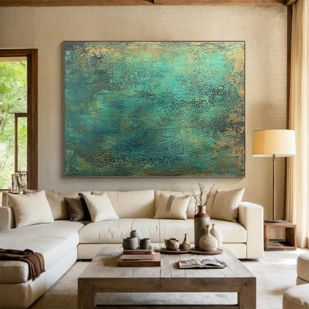 Modern Large Abstract Canvas Painting, Teal Gold Abstract Textured Art PT177