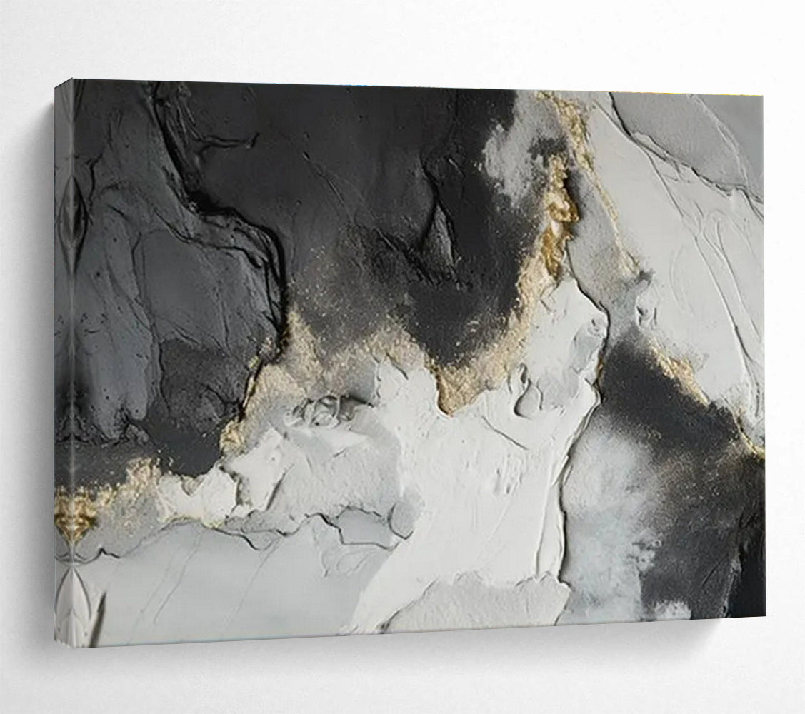 Hand-Painted Black, White, and Gold Textured Abstract Landscape Art HPS361