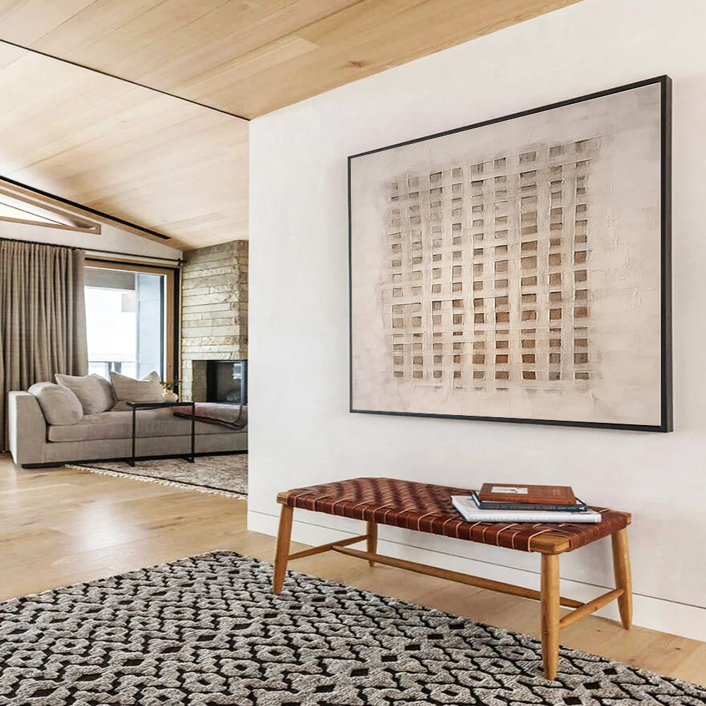 Unique Abstract Art Beige Geometric Grid Abstract On Canvas HPS024