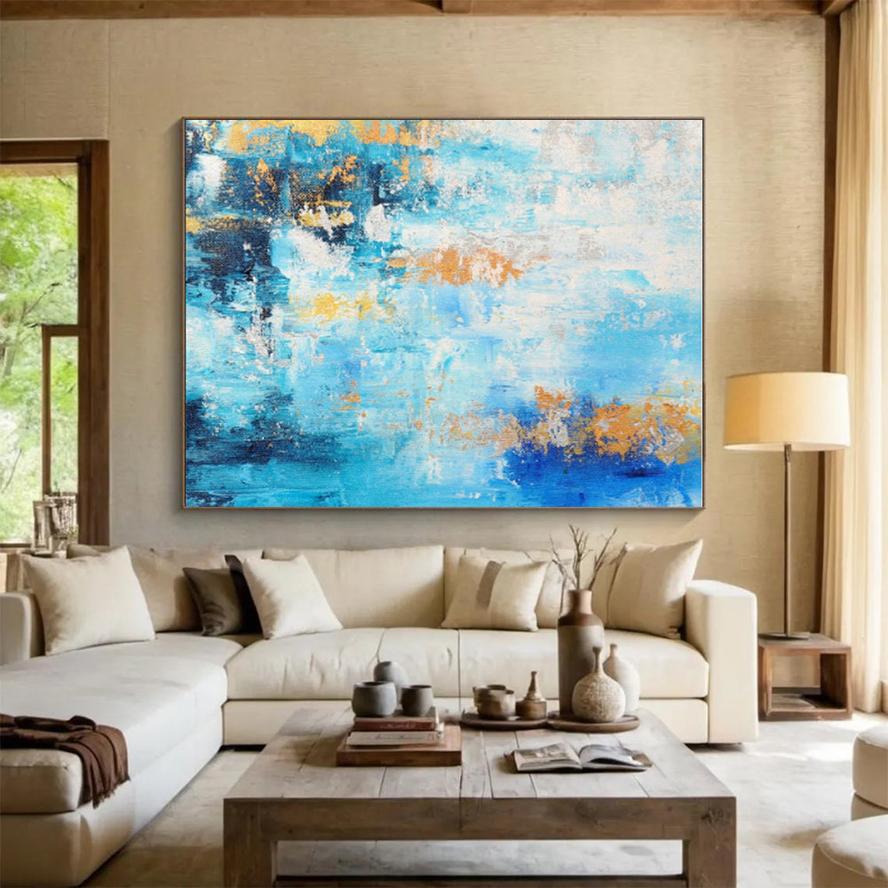 Hand-Painted Blue and Orange Abstract Art with White Accents, Acrylic Modern Art Painting PT281