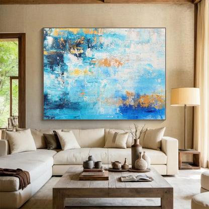 Hand-Painted Blue and Orange Abstract Art with White Accents, Acrylic Modern Art Painting PT281