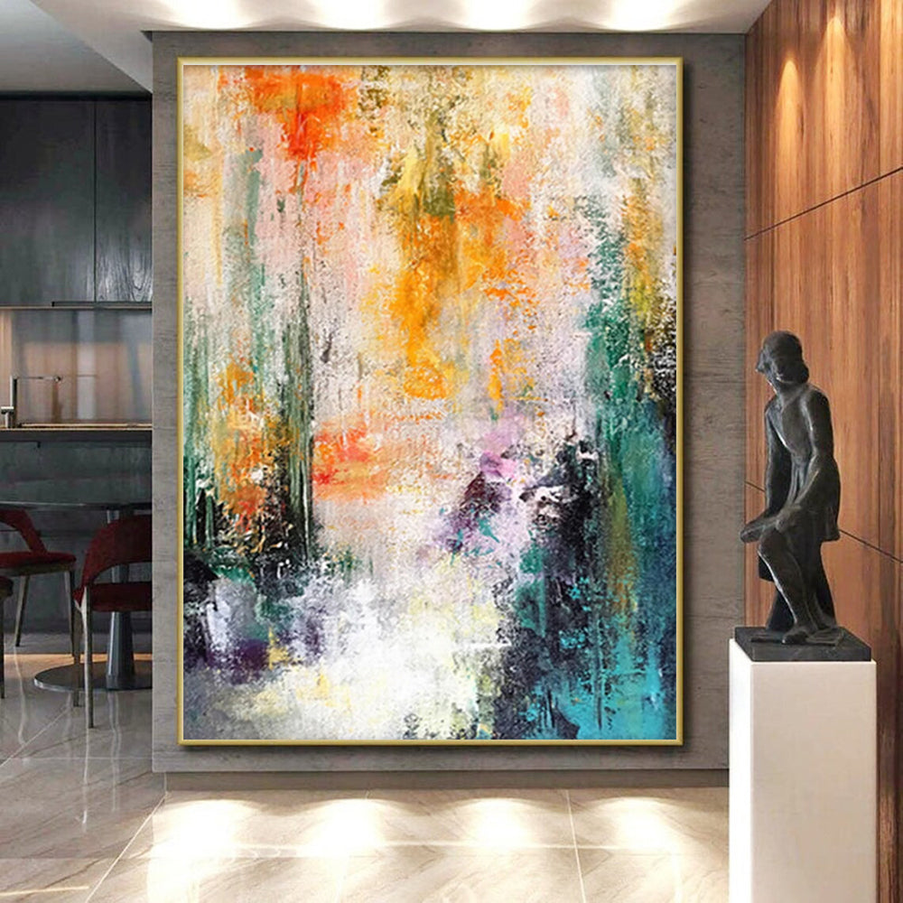 Large Size Multicolor (Orange, Yellow, Green, Purple, Teal) Abstract Energetic Brushstrokes Painting On Canvas PT276