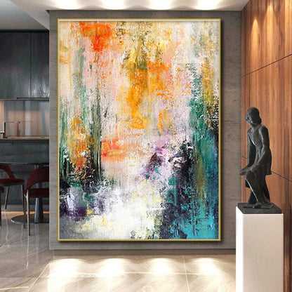 Large Size Multicolor (Orange, Yellow, Green, Purple, Teal) Abstract Energetic Brushstrokes Painting On Canvas PT276