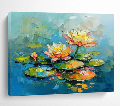 Hand Painting Blue, Pink & Yellow Abstract Water Lily Art HPS205